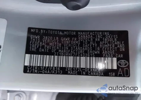 2015 Toyota Corolla Le z USA, uszkodzony, nr VIN 2T1BURHE7FC402615